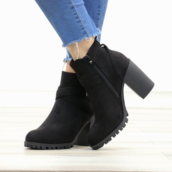 Faux Suede Black Lug Sole Ankle Boots - Picture 9 of 14